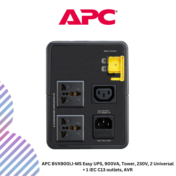 APC BVX900LI-MS Easy UPS, 900VA, Tower, 230V, 2 Universal + 1 IEC C13 outlets, AVR