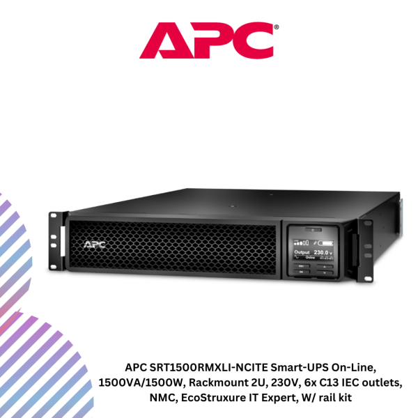 APC SRT1500RMXLI-NCITE Smart-UPS On-Line, 1500VA/1500W, Rackmount 2U, 230V, 6x C13 IEC outlets, NMC, EcoStruxure IT Expert, W/ rail kit