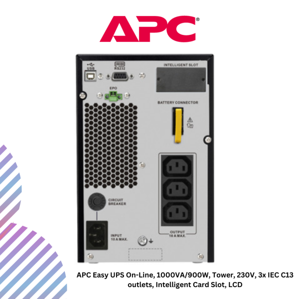 APC SRV1KI-E Easy UPS On-Line, 1000VA/900W, Tower, 230V, 3x IEC C13 outlets, Intelligent Card Slot, LCD