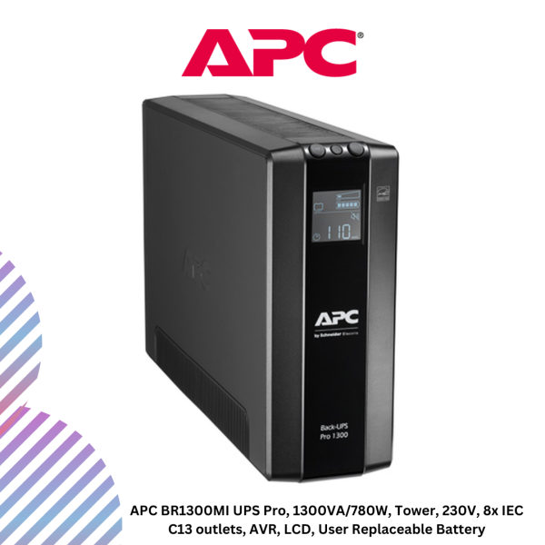 inc-20-13.png APC BR1300MI UPS Pro, 1300VA/780W, Tower, 230V, 8x IEC C13 outlets, AVR, LCD, User Replaceable Battery