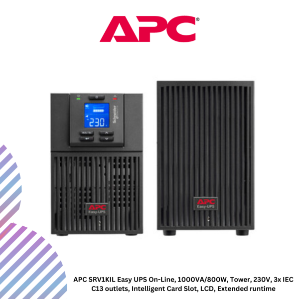 APC SRV1KIL Easy UPS On-Line, 1000VA/800W, Tower, 230V, 3x IEC C13 outlets, Intelligent Card Slot, LCD, Extended runtime