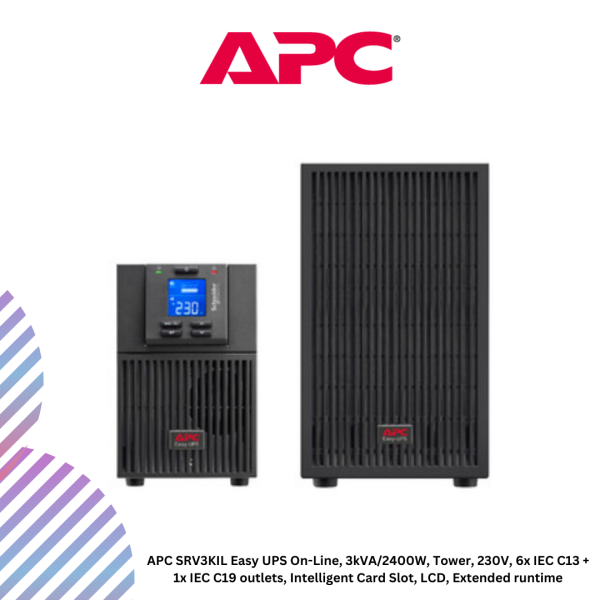 APC SRV3KIL Easy UPS On-Line, 3kVA/2400W, Tower, 230V, 6x IEC C13 + 1x IEC C19 outlets, Intelligent Card Slot, LCD, Extended runtime