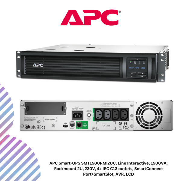 inc-20-2-3.png APC Smart-UPS SMT1500RMI2UC, Line Interactive, 1500VA, Rackmount 2U, 230V, 4x IEC C13 outlets, SmartConnect Port+SmartSlot, AVR, LCD