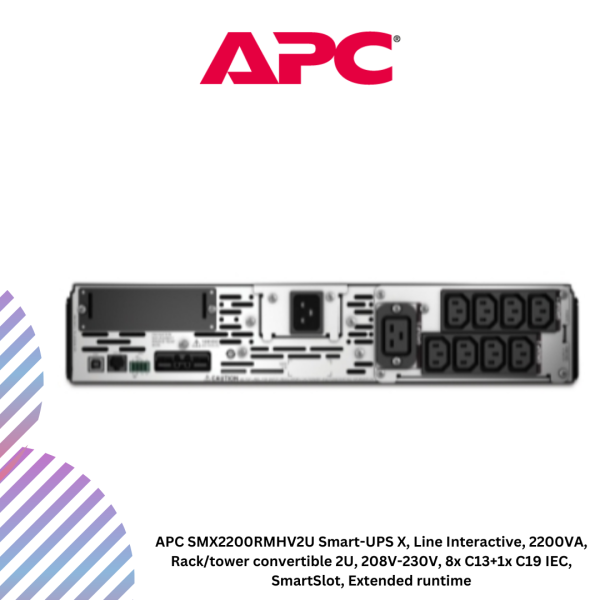 APC SMX2200RMHV2U Smart-UPS X, Line Interactive, 2200VA, Rack/tower convertible 2U, 208V-230V, 8x C13+1x C19 IEC, SmartSlot, Extended runtime