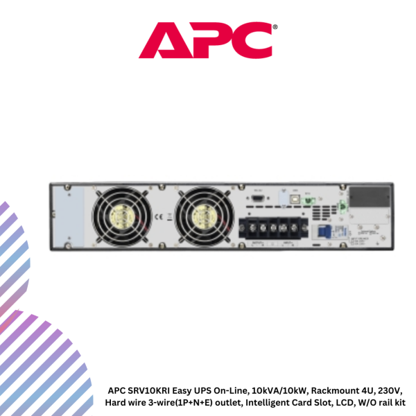 APC SRV10KRI Easy UPS On-Line, 10kVA/10kW, Rackmount 4U, 230V, Hard wire 3-wire(1P+N+E) outlet, Intelligent Card Slot, LCD, W/O rail kit