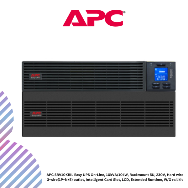 APC SRV10KRIL Easy UPS On-Line, 10kVA/10kW, Rackmount 5U, 230V, Hard wire 3-wire(1P+N+E) outlet, Intelligent Card Slot, LCD, Extended Runtime, W/O rail kit