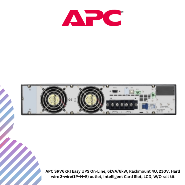 APC SRV6KRI Easy UPS On-Line, 6kVA/6kW, Rackmount 4U, 230V, Hard wire 3-wire(1P+N+E) outlet, Intelligent Card Slot, LCD, W/O rail kit