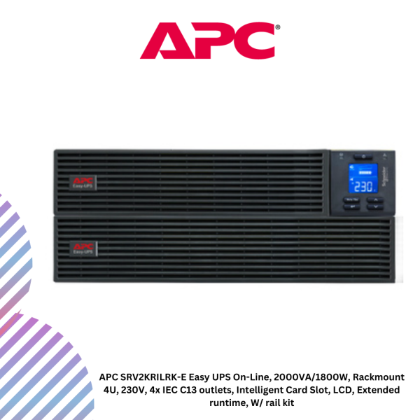 APC SRV2KRILRK-E Easy UPS On-Line, 2000VA/1800W, Rackmount 4U, 230V, 4x IEC C13 outlets, Intelligent Card Slot, LCD, Extended runtime, W/ rail kit