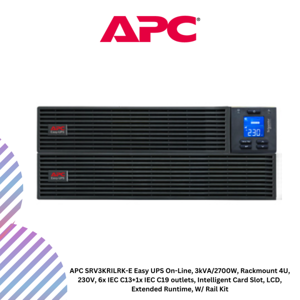 APC SRV3KRILRK-E Easy UPS On-Line, 3kVA/2700W, Rackmount 4U, 230V, 6x IEC C13+1x IEC C19 outlets, Intelligent Card Slot, LCD, Extended Runtime, W/ Rail Kit
