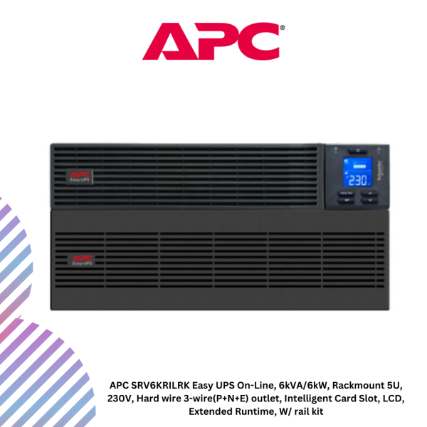 APC SRV6KRILRK Easy UPS On-Line, 6kVA/6kW, Rackmount 5U, 230V, Hard wire 3-wire(P+N+E) outlet, Intelligent Card Slot, LCD, Extended Runtime, W/ rail kit