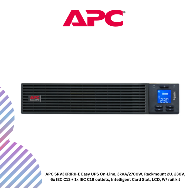 APC SRV3KRIRK-E Easy UPS On-Line, 3kVA/2700W, Rackmount 2U, 230V, 6x IEC C13 + 1x IEC C19 outlets, Intelligent Card Slot, LCD, W/ rail kit