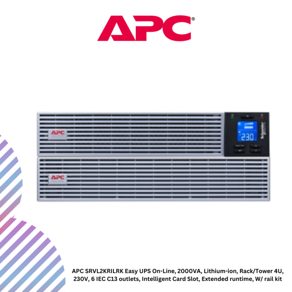 APC SRVL2KRILRK Easy UPS On-Line, 2000VA, Lithium-ion, Rack/Tower 4U, 230V, 6 IEC C13 outlets, Intelligent Card Slot, Extended runtime, W/ rail kit