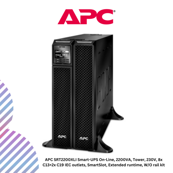 inc-20-49.png APC SRT2200XLI Smart-UPS On-Line, 2200VA, Tower, 230V, 8x C13+2x C19 IEC outlets, SmartSlot, Extended runtime, W/O rail kit