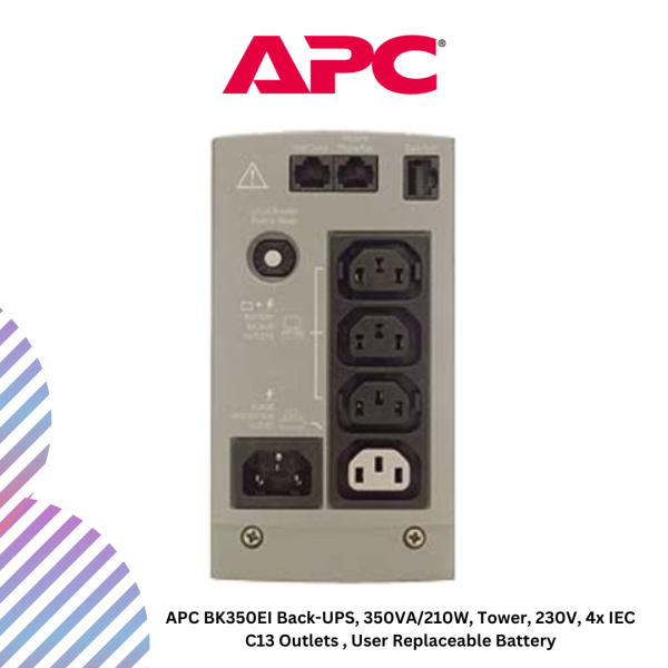 inc-20-5-1.png APC BK350EI Back-UPS, 350VA/210W, Tower, 230V, 4x IEC C13 Outlets , User Replaceable Battery