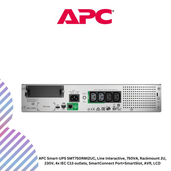 APC Smart-UPS SMT750RMI2UC, Line Interactive, 750VA, Rackmount 2U, 230V, 4x IEC C13 outlets, SmartConnect Port+SmartSlot, AVR, LCD