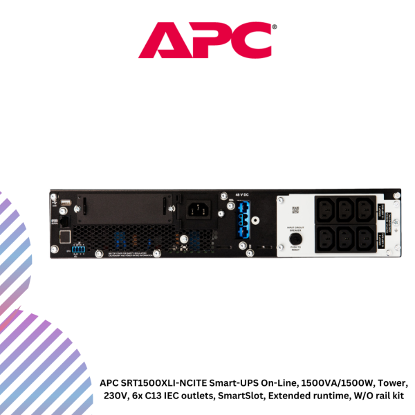 inc-20-51.png APC SRT1500XLI-NCITE Smart-UPS On-Line, 1500VA/1500W, Tower, 230V, 6x C13 IEC outlets, SmartSlot, Extended runtime, W/O rail kit