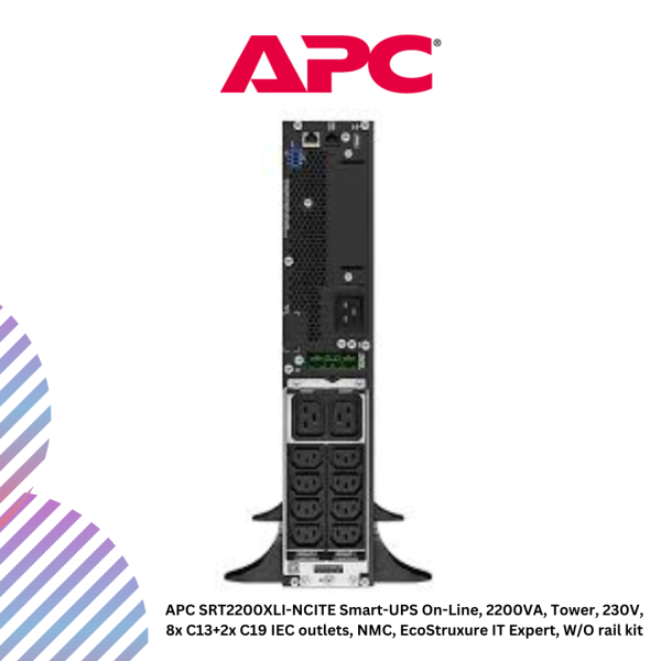 inc-20-52.png APC SRT2200XLI-NCITE Smart-UPS On-Line, 2200VA, Tower, 230V, 8x C13+2x C19 IEC outlets, NMC, EcoStruxure IT Expert, W/O rail kit