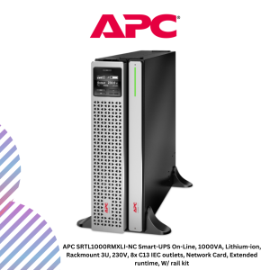 APC SRTL1000RMXLI-NC Smart-UPS On-Line, 1000VA, Lithium-ion, Rackmount 3U, 230V, 8x C13 IEC outlets, Network Card, Extended runtime, W/ rail kit