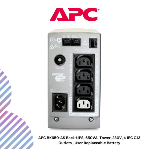 inc-20-6-1.png APC BK650-AS Back-UPS, 650VA, Tower, 230V, 4 IEC C13 Outlets , User Replaceable Battery