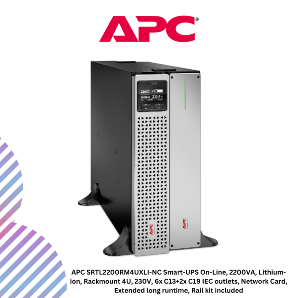 inc-20-62.png APC SRTL2200RM4UXLI-NC Smart-UPS On-Line, 2200VA, Lithium-ion, Rackmount 4U, 230V, 6x C13+2x C19 IEC outlets, Network Card, Extended long runtime, Rail kit included