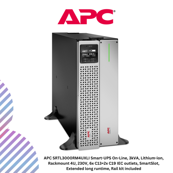 inc-20-63.png APC SRTL3000RM4UXLI Smart-UPS On-Line, 3kVA, Lithium-ion, Rackmount 4U, 230V, 6x C13+2x C19 IEC outlets, SmartSlot, Extended long runtime, Rail kit included