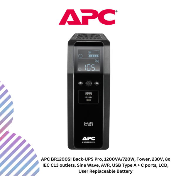 APC BR1200SI Back-UPS Pro, 1200VA/720W, Tower, 230V, 8x IEC C13 outlets, Sine Wave, AVR, USB Type A + C ports, LCD, User Replaceable Battery