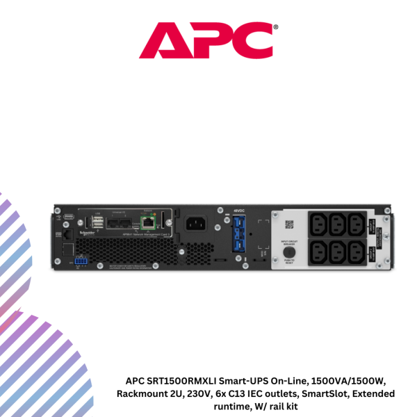 inc-20-7-2.png APC SRT1500RMXLI Smart-UPS On-Line, 1500VA/1500W, Rackmount 2U, 230V, 6x C13 IEC outlets, SmartSlot, Extended runtime, W/ rail kit