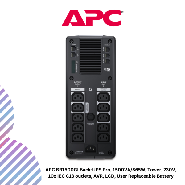 inc-20-8-1.png APC BR1500GI Back-UPS Pro, 1500VA/865W, Tower, 230V, 10x IEC C13 outlets, AVR, LCD, User Replaceable Battery