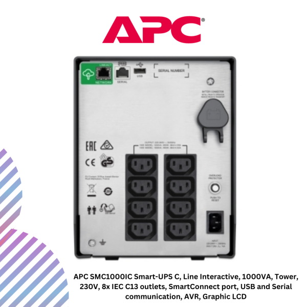 APC SMC1000IC Smart-UPS C, Line Interactive, 1000VA, Tower, 230V, 8x IEC C13 outlets, SmartConnect port, USB and Serial communication, AVR, Graphic LCD