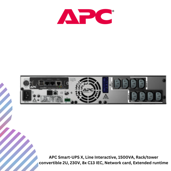 APC SMX1500RMI2UNC Smart-UPS X, Line Interactive, 1500VA, Rack/tower convertible 2U, 230V, 8x C13 IEC, Network card, Extended runtime