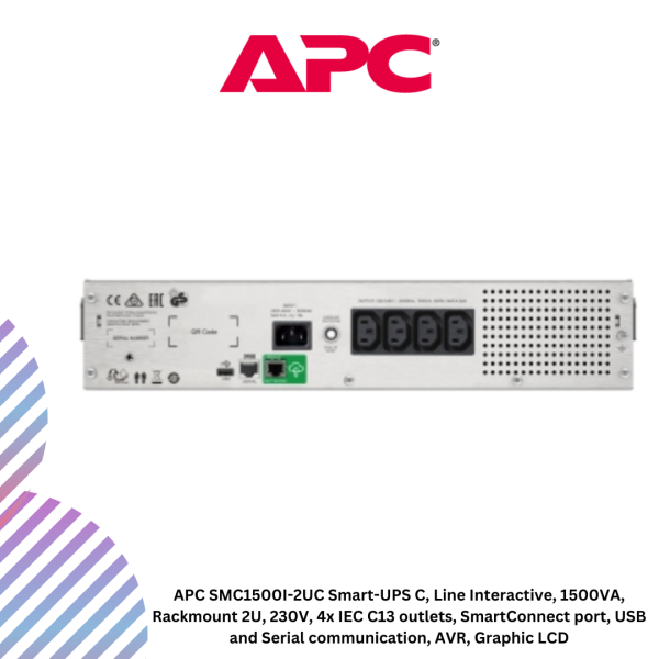 APC SMC1500I-2UC Smart-UPS C, Line Interactive, 1500VA, Rackmount 2U, 230V, 4x IEC C13 outlets, SmartConnect port, USB and Serial communication, AVR, Graphic LCD