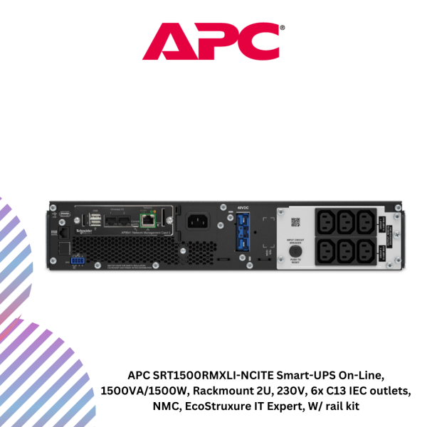 APC SRT1500RMXLI-NCITE Smart-UPS On-Line, 1500VA/1500W, Rackmount 2U, 230V, 6x C13 IEC outlets, NMC, EcoStruxure IT Expert, W/ rail kit