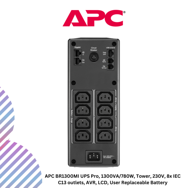 inc-21-11.png APC BR1300MI UPS Pro, 1300VA/780W, Tower, 230V, 8x IEC C13 outlets, AVR, LCD, User Replaceable Battery