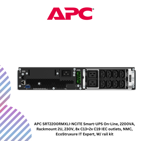 inc-21-12-1.png APC SRT2200RMXLI-NCITE Smart-UPS On-Line, 2200VA, Rackmount 2U, 230V, 8x C13+2x C19 IEC outlets, NMC, EcoStruxure IT Expert, W/ rail kit