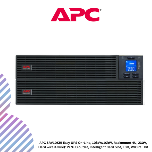 APC SRV10KRI Easy UPS On-Line, 10kVA/10kW, Rackmount 4U, 230V, Hard wire 3-wire(1P+N+E) outlet, Intelligent Card Slot, LCD, W/O rail kit