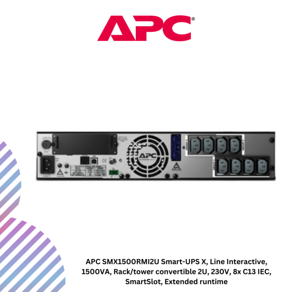 APC SMX1500RMI2U Smart-UPS X, Line Interactive, 1500VA, Rack/tower convertible 2U, 230V, 8x C13 IEC, SmartSlot, Extended runtime