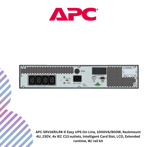 APC SRV1KRILRK-E Easy UPS On-Line, 1000VA/900W, Rackmount 4U, 230V, 4x IEC C13 outlets, Intelligent Card Slot, LCD, Extended runtime, W/ rail kit