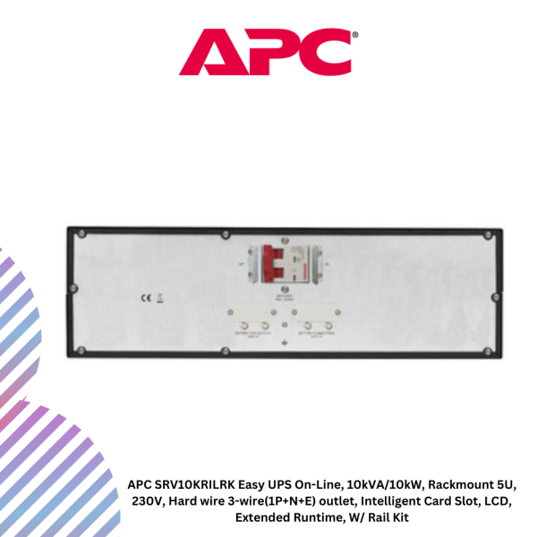 APC SRV10KRILRK Easy UPS On-Line, 10kVA/10kW, Rackmount 5U, 230V, Hard wire 3-wire(1P+N+E) outlet, Intelligent Card Slot, LCD, Extended Runtime, W/ Rail Kit