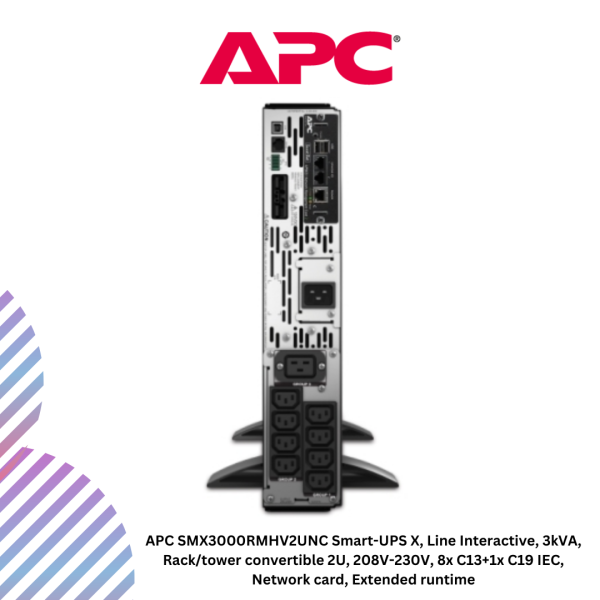APC SMX3000RMHV2UNC Smart-UPS X, Line Interactive, 3kVA, Rack/tower convertible 2U, 208V-230V, 8x C13+1x C19 IEC, Network card, Extended runtime