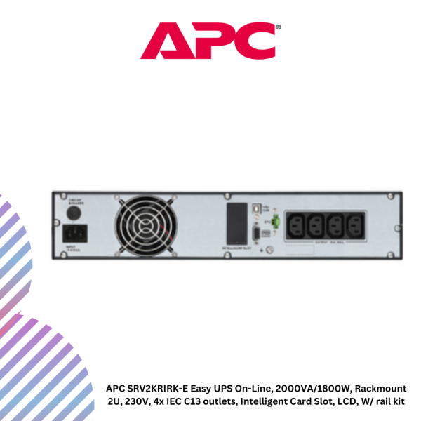 APC SRV2KRIRK-E Easy UPS On-Line, 2000VA/1800W, Rackmount 2U, 230V, 4x IEC C13 outlets, Intelligent Card Slot, LCD, W/ rail kit