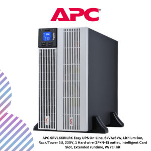 APC SRVL6KRILRK Easy UPS On-Line, 6kVA/6kW, Lithium-ion, Rack/Tower 5U, 230V, 1 Hard wire (1P+N+E) outlet, Intelligent Card Slot, Extended runtime, W/ rail kit