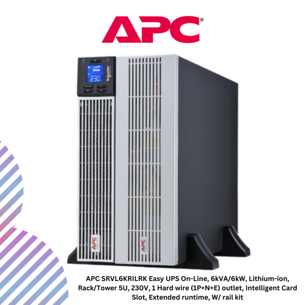 inc-21-37.png APC SRVL6KRILRK Easy UPS On-Line, 6kVA/6kW, Lithium-ion, Rack/Tower 5U, 230V, 1 Hard wire (1P+N+E) outlet, Intelligent Card Slot, Extended runtime, W/ rail kit