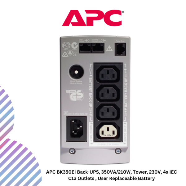inc-21-4-2.png APC BK350EI Back-UPS, 350VA/210W, Tower, 230V, 4x IEC C13 Outlets , User Replaceable Battery