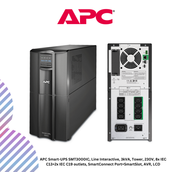 APC Smart-UPS SMT3000IC, Line Interactive, 3kVA, Tower, 230V, 8x IEC C13+2x IEC C19 outlets, SmartConnect Port+SmartSlot, AVR, LCD
