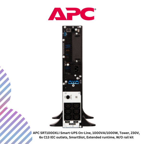 inc-21-44.png APC SRT1000XLI Smart-UPS On-Line, 1000VA/1000W, Tower, 230V, 6x C13 IEC outlets, SmartSlot, Extended runtime, W/O rail kit
