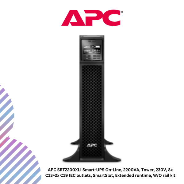 inc-21-46.png APC SRT2200XLI Smart-UPS On-Line, 2200VA, Tower, 230V, 8x C13+2x C19 IEC outlets, SmartSlot, Extended runtime, W/O rail kit