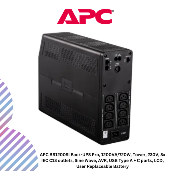APC BR1200SI Back-UPS Pro, 1200VA/720W, Tower, 230V, 8x IEC C13 outlets, Sine Wave, AVR, USB Type A + C ports, LCD, User Replaceable Battery