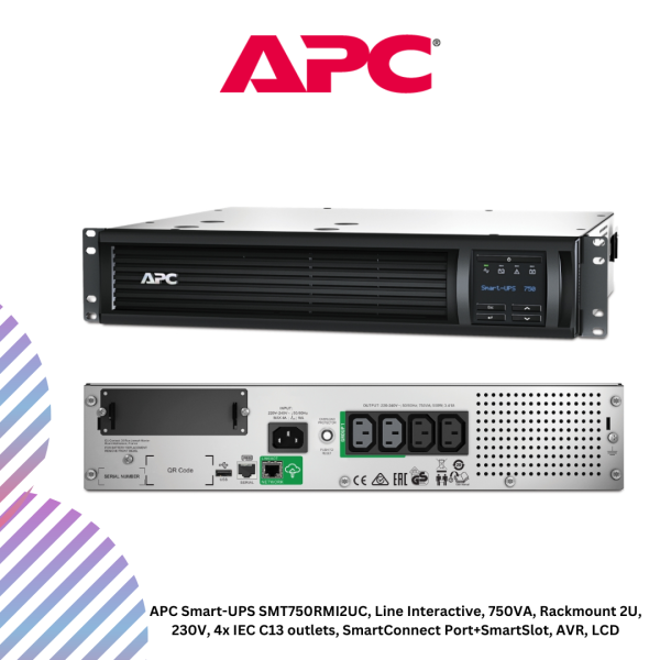 APC Smart-UPS SMT750RMI2UC, Line Interactive, 750VA, Rackmount 2U, 230V, 4x IEC C13 outlets, SmartConnect Port+SmartSlot, AVR, LCD