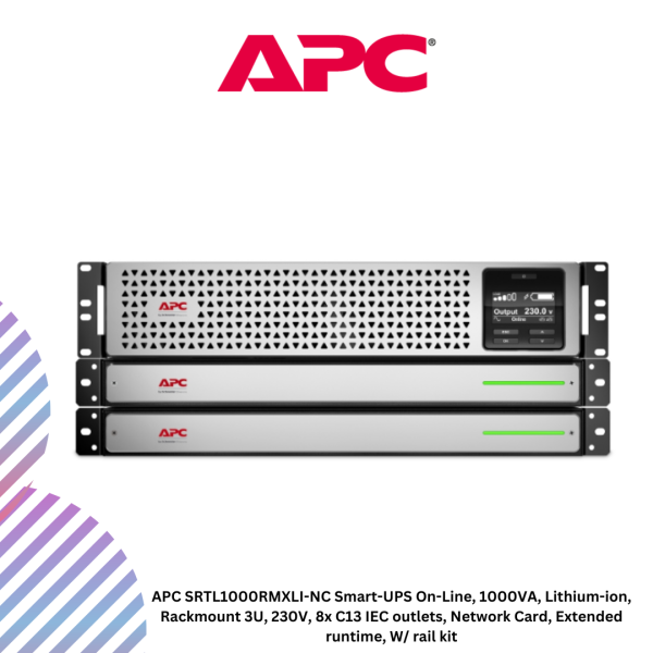 inc-21-51.png APC SRTL1000RMXLI-NC Smart-UPS On-Line, 1000VA, Lithium-ion, Rackmount 3U, 230V, 8x C13 IEC outlets, Network Card, Extended runtime, W/ rail kit
