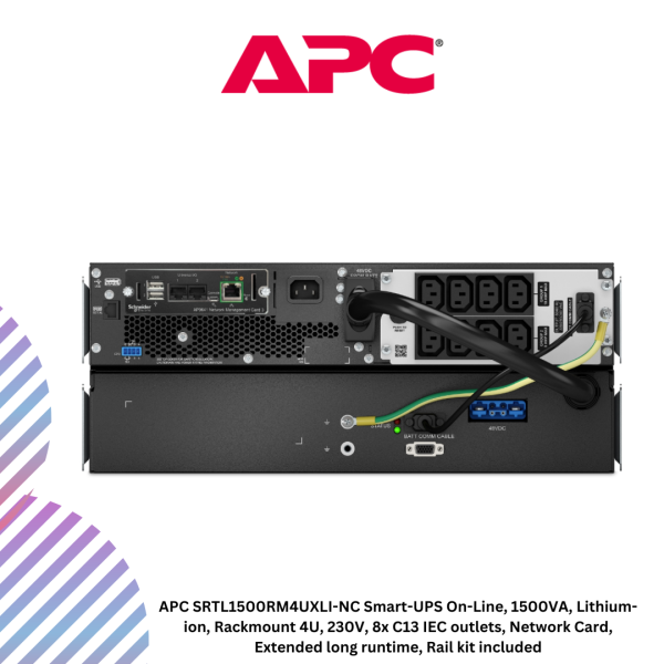 inc-21-53.png APC SRTL1500RM4UXLI-NC Smart-UPS On-Line, 1500VA, Lithium-ion, Rackmount 4U, 230V, 8x C13 IEC outlets, Network Card, Extended long runtime, Rail kit included